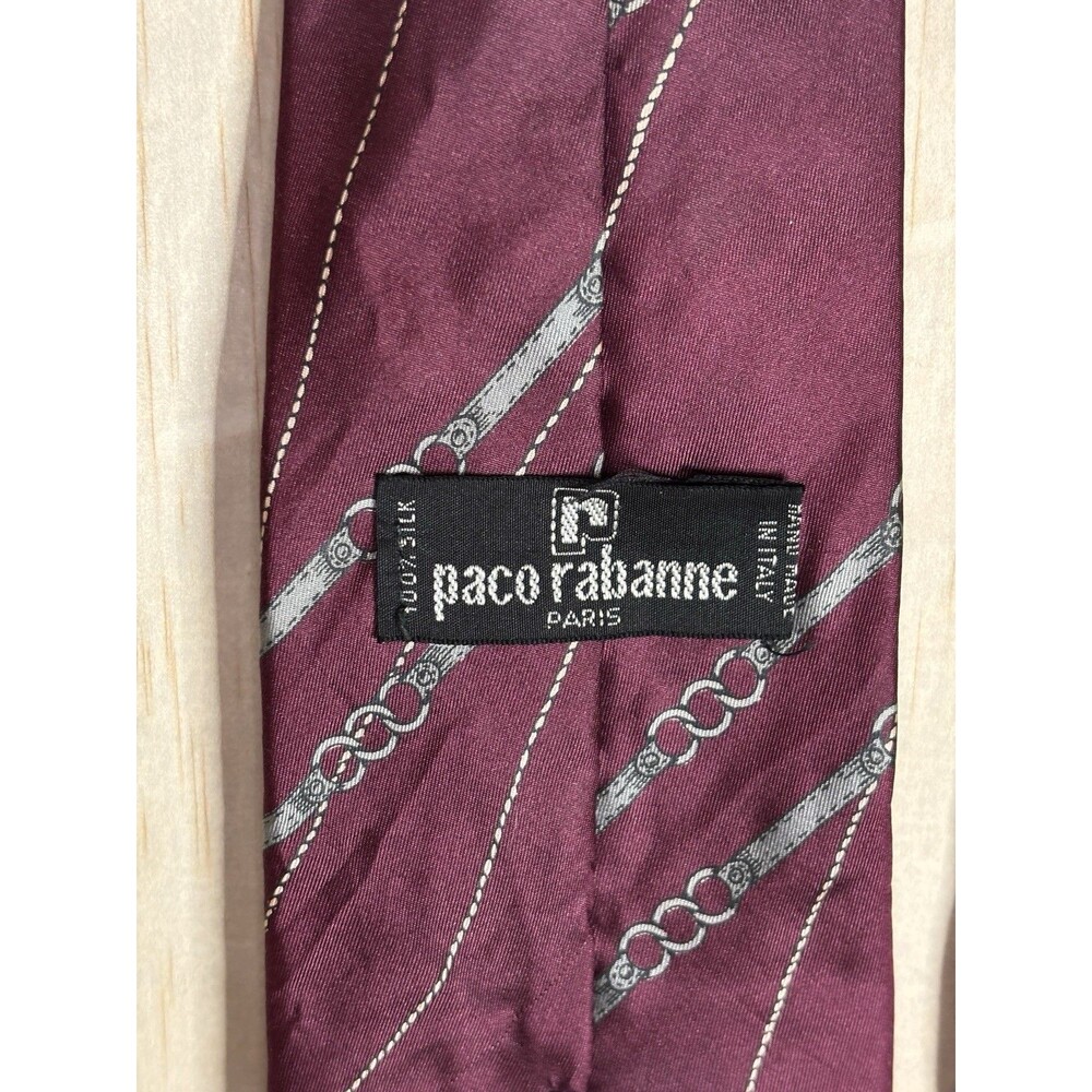 Paco Rabanne Paris Burgandy Mens Silk Tie Striped Horsebit Pattern Made in Italy